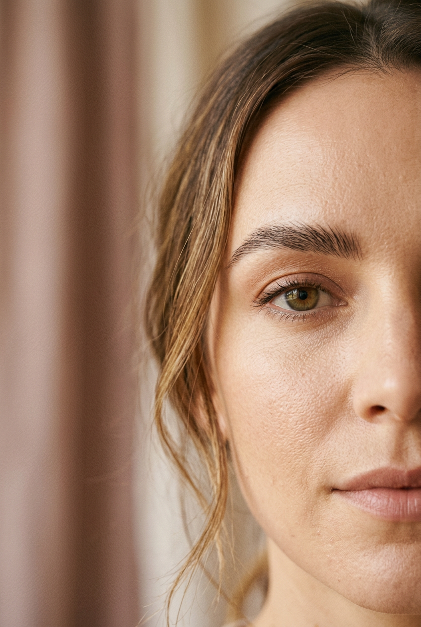 Beauty close-up of an eye and a naturally shaped eyebrow